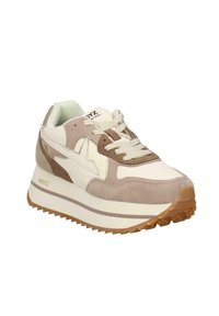 Scarpa da ginnastica beige e bianca con tomaia in pelle e camoscio, punta arrotondata, suola intermedia bianca spessa, suola esterna in gomma e chiusura con lacci.