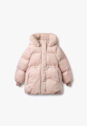 Roza obložena bunda s kapuco obloženo s sintetičnim krznom, z ribastimi manšeti, stranskimi žepi in gladko teksturo. Ima srednji zadrgo in gumbasto zapiranje.