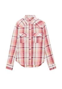Pink and white plaid shirt with long sleeves, button closure, two chest pockets, and curved hem. Made from lightweight woven fabric.