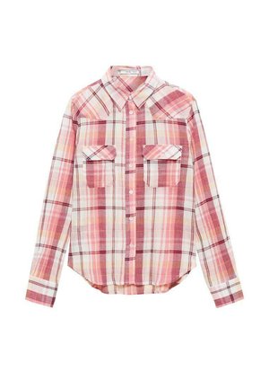 Roze en witte geruite shirt met lange mouwen, knoopsluiting, twee borstzakken en een gebogen zoom. Gemaakt van lichtgewicht geweven stof.