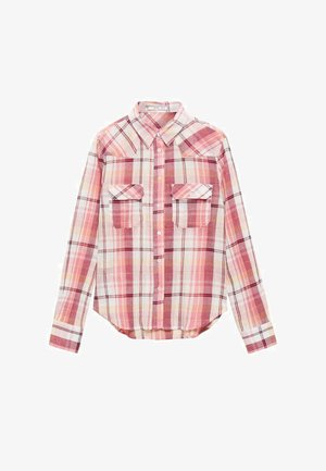 Roze en witte geruite shirt met lange mouwen, knoopsluiting, twee borstzakken en een gebogen zoom. Gemaakt van lichtgewicht geweven stof.