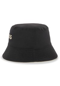 Chapeau seau noir en tissu léger avec une couronne ronde et un large bord incliné vers le bas, portant un texte logo blanc sur le côté.