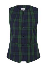 Ruudulise roheline ja tumesinine sansleeve vest, millel on struktureeritud vorm, sirge kaelus, esitootepaneeli nupuga kinnitamine ja küljetaskud.