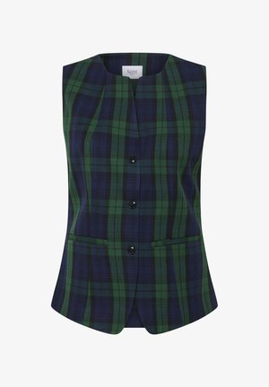 Groene en marineblauwe, geruite mouwloze vest met een gestructureerde vorm, voorzien van een rechte halslijn, een sluiting met knopen aan de voorkant en zijzakken.