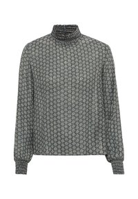 Blusa a maniche lunghe con colletto alto arricciato. Tessuto grigio scuro con un piccolo motivo floreale ripetuto. I polsini sono elasticizzati per una migliore vestibilità.