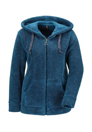 Blaues, flauschiges Fleece-Hoodie mit einem Reißverschluss auf der Vorderseite, zwei Fronttaschen und einer Kapuze mit Kordelzug. Hat einen subtilen Schimmer im gesamten Stoff.