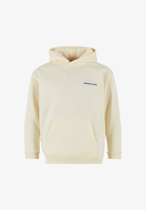 Cremefarvet bomulds-hoodie med en forlommet lomme, ribbede ærmer og hætte med snøre. Har en blå "ANOTHER COTTON" logo på brystet.