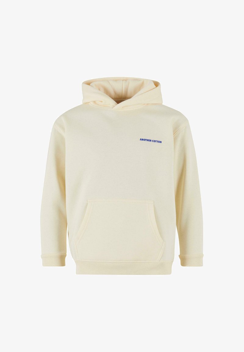 Cream-colored cotton hoodie with a front pouch pocket, ribbed cuffs, and a drawstring hood. Features blue "ANOTHER COTTON" logo on chest.