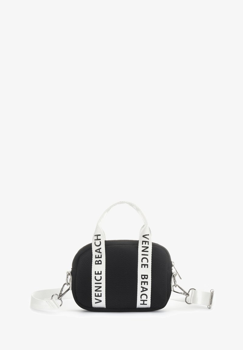 Black textured bag with white "VENICE BEACH" straps, silver hardware, and a detachable shoulder strap. Compact, rectangular shape.