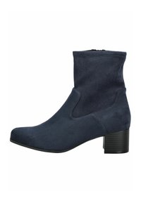 Botte de cheville en suède bleu marine foncé avec un bout arrondi, fermeture éclair sur le côté et talon carré, présentée en profil droit sur un fond blanc.