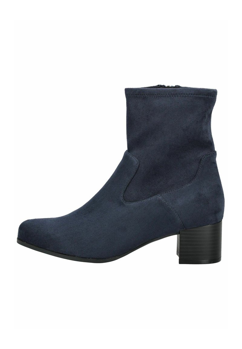 Botte de cheville en suède bleu marine foncé avec un bout arrondi, fermeture éclair sur le côté et talon carré, présentée en profil droit sur un fond blanc.