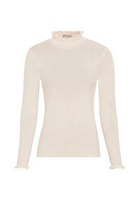 Långärmad krämfärgad stickad topp med volangkantad hög hals och volangdetaljer vid ärmsluten, figurnära silhuett.