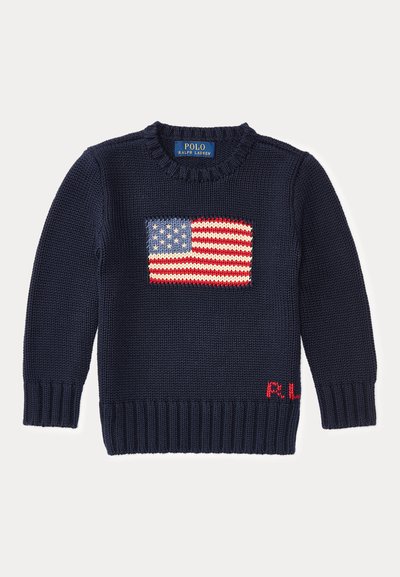 Sweater de lã azul marinho com um tecido texturizado, apresentando um design da bandeira dos Estados Unidos em vermelho, branco e azul na frente, e punhos e bainha canelados.
