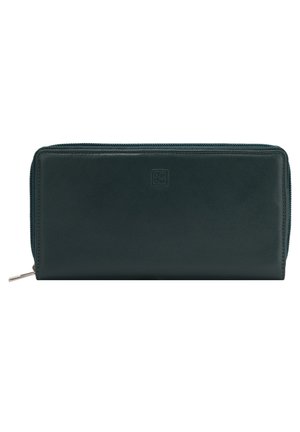 Dark green leather wallet with a smooth texture, zip closure, and a debossed logo on the front. Rectangular shape, elegant design.
