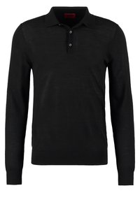 Svart långärmad polo skjorta i lätt material, med klassisk krage, knapplist med tre knappar och ribbade ärmslut.