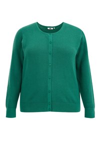 Grön stickad kofta med ett strukturerat mönster, rund halsringning och sex knappar framtill. Långa ärmar med ribbade muddar.