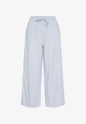 Gaišs, platajās kājās bikses ar zilām un baltām vertikālām svītrām, ar sašaurinātu vidukli. Mīksta teksturēta auduma, ar potītes garumu.