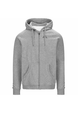 Felpa con cappuccio grigio chiaro con chiusura a zip, coulisse, tasche frontali, polsini a costine e un piccolo logo nero sul petto a sinistra.