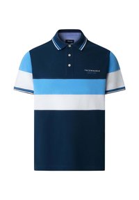 Polo de manga corta para hombre con rayas horizontales en azul marino, azul claro y blanco, y logo "Faconnable Yacht Club" en el pecho.