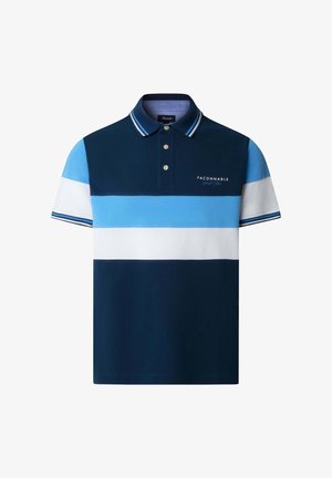 Polo de manga corta para hombre con rayas horizontales en azul marino, azul claro y blanco, y logo "Faconnable Yacht Club" en el pecho.