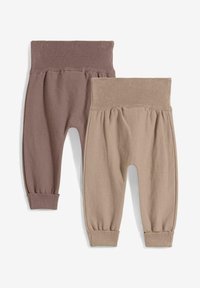 Deux paires de pantalons pour tout-petits : une en marron et l'autre en beige. Les deux présentent des ceintures et des poignets côtelés, avec un tissu doux et extensible.