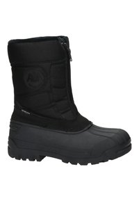 Zwarte geïsoleerde winterboot met een ritsluiting, rubberen zool, gevoerde stof bovenkant en gestructureerde details op het lichaam en de zool.