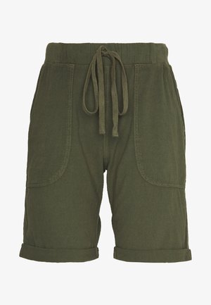 Olivijn groene shorts met een trekkoord in de taille, opgerolde mouwen en grote zijzakken. Gemaakt van lichtgewicht, zacht katoen.