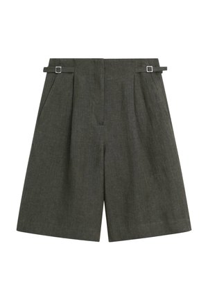 Shorts grigio scuro a vita alta con gamba larga, cinturini laterali con fibbie e pieghe frontali, realizzati in tessuto strutturato.
