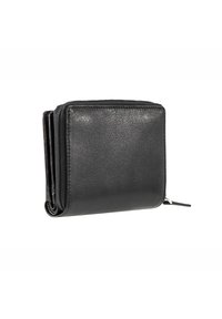 Portafoglio in pelle nera con finitura testurizzata, chiusura con zip, design compatto e più scomparti per carte e contante.