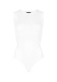 Weißer ärmelloser Bodysuit mit rundem Ausschnitt, glatter Textur und taillierter Silhouette, mit einem Tanga-Schnitt am unteren Ende.