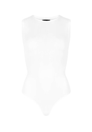 Valkoinen hihaton bodysuit pyöreällä kaula-aukolla, sileällä pinnalla ja vartalonmyötäisellä siluetilla, jossa on thong-leikkaus alaosassa.