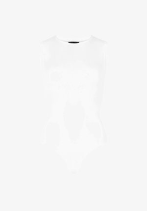 Hvid ærmeløs bodysuit med rund halsudskæring, glat tekstur og en tætsiddende silhuet, med en thong-udskæring nederst.