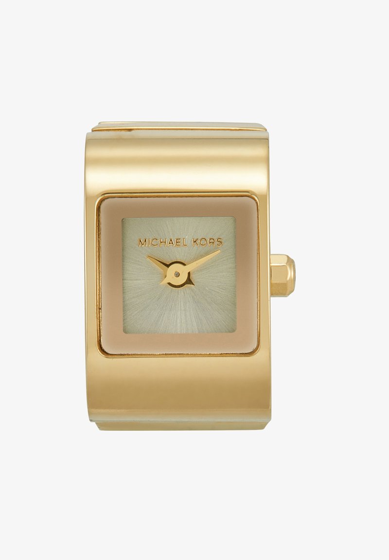Gold-tone wristwatch with rectangular case, textured green dial, and gold hands. Features brand name "MICHAEL KORS" on dial.