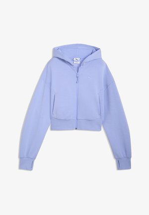Light purple cropped zip-up hoodie with long sleeves, hood, side pockets, ribbed cuffs with thumb holes, and small Puma logo on the chest.