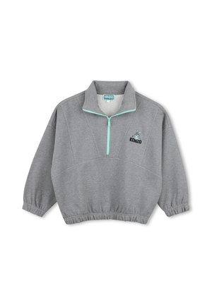 Jersey gris de manga larga con cremallera de un cuarto en verde menta, puños y bajo elásticos, y un pequeño logo KENZO bordado con un conejo en el pecho.