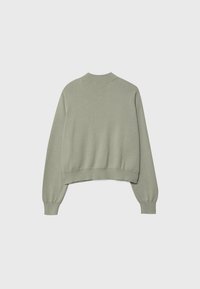 Pull court vert clair avec des manches longues, finitions côtelées aux poignets et à l'ourlet, fabriqué dans un matériau doux au toucher lisse, avec un col rond.