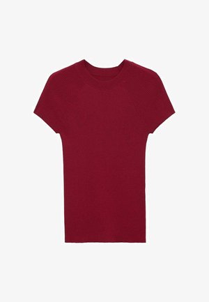 Červený krátky rukáv sveter z rebrového úpletu, s okrúhlym výstrihom a priliehavým strihom.