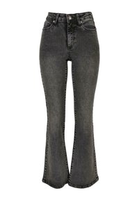 Jeans negros acampanados de talle alto en denim, con un diseño clásico de cinco bolsillos y costuras tono sobre tono, con una textura suave y un ligero brillo.