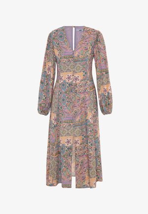 Langärmliges Kleid mit V-Ausschnitt, mehrfarbigem Paisley- und geometrischem Druck, aus leichtem Stoff, mit Schlitz vorne und gerafften Ärmeln.