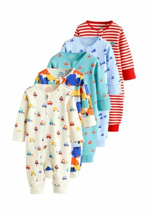 Five cotton baby jumpsuits featuring various colorful designs: vehicles, stripes, and patterns. Colors include cream, blue, orange, and red.