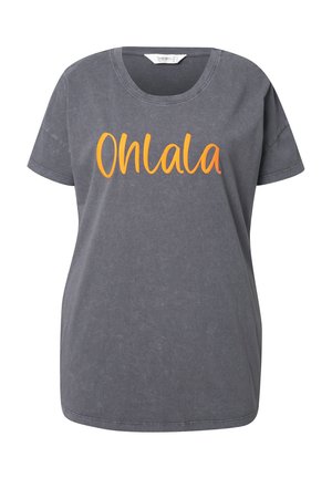Šedé bavlněné tričko s kulatým výstřihem a krátkým rukávem, na přední straně s textem "Onlala" v oranžovém kurz ívním písmu.