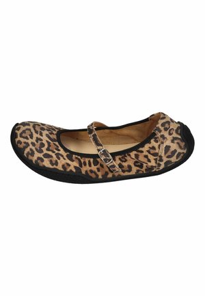 Leopard print Mary Jane flat shoe with black trim, buckle strap, and black rubber sole, displayed on a plain white background.