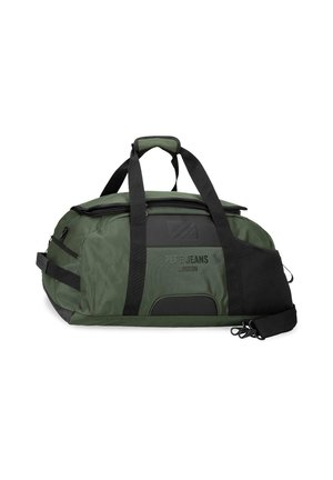 Bolsa de viaje Pepe Jeans verde y negra con dos asas, compartimento principal con cremallera, bolsillo lateral y correa de hombro ajustable sobre fondo blanco.