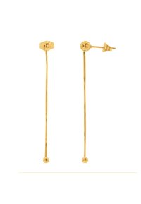 Goldene Tropfenohrringe mit einem hexagonalen Stecker und dünnen Ketten. Jede Kette endet mit einer kleinen runden Kugel, was ein minimalistisches Design schafft.