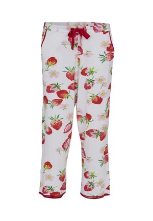 White lounge pants with red strawberry and pink flower print, red waistband drawstring, and red trim at the hems.