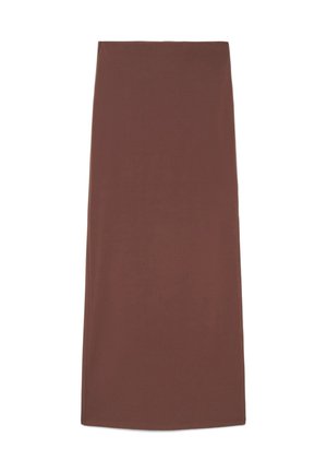 Gonna midi marrone a taglio dritto con una texture liscia, mostrata distesa su uno sfondo bianco.