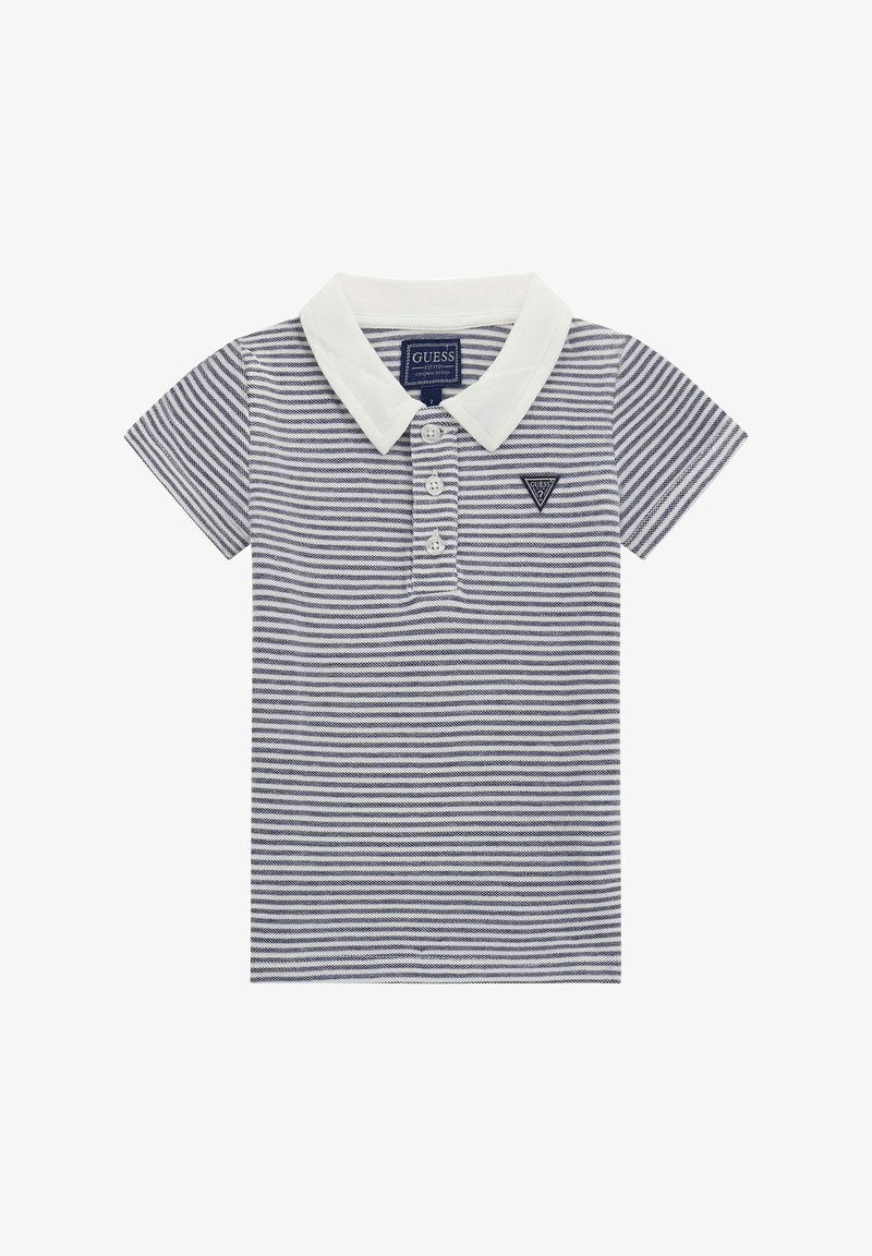 Polo triko s námořnickými a bílými horizontálními pruhy, bílým límcem, zapínáním na tři knoflíky a malým trojúhelníkovým logem na hrudi.