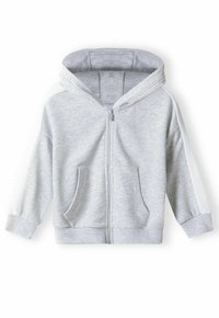Haut à capuche zippé gris clair fabriqué en tissu doux, avec une capuche, deux poches avant et des poignets côtelés. Présente des rayures latérales blanches contrastées.