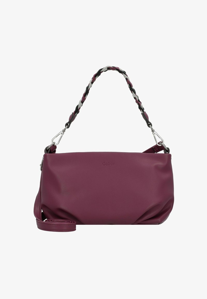 Sac à main synthétique bordeaux avec une bandoulière tressée noire, blanche et bordeaux. Il présente une texture douce et une bandoulière réglable.