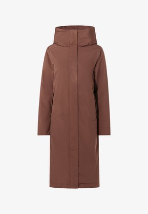 Ruskea vettä hylkivä pitkä takki, jossa on korkea kaulus, pitkät hihat, etuvetoketju ja sivutaskut. Sulava pinta ja yksinkertainen muotoilu.